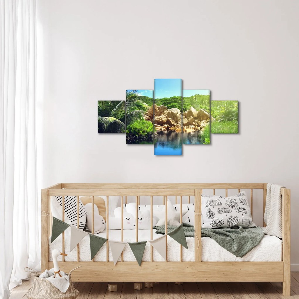 Obraz jeziora w dżungli Seszeli (125x70 cm)