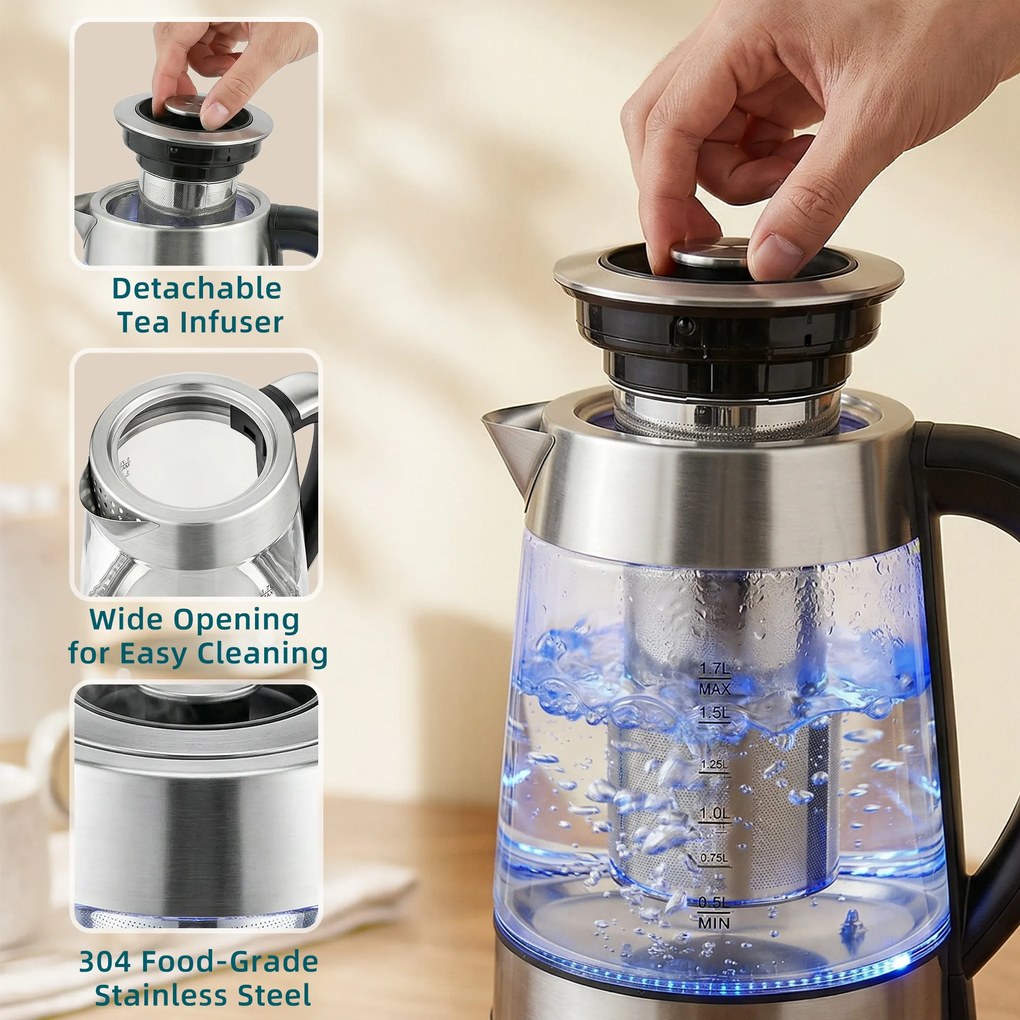 HOMCOM Elektryczny czajnik, 1,7L, szybkie gotowanie, 2200W, z termostatem Strix, sitkiem do herbaty, funkcją utrzymania ciepła | Aosom PL