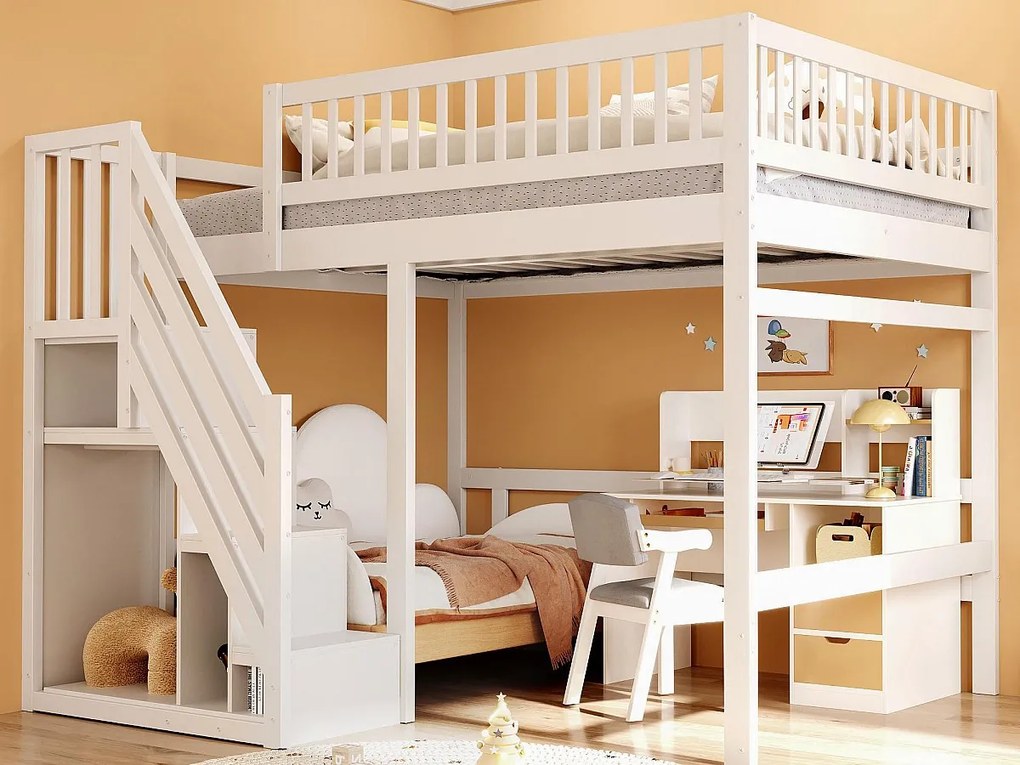 Łóżko mezzanine 140x200cm - ze schodami z miejscem do przechowywania - drewno lite + sklejka + MDF - Biały