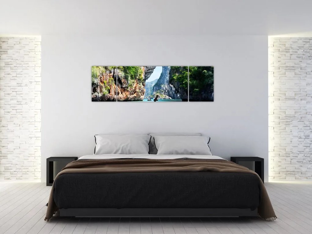 Obraz długiej łodzi na plaży (170x50 cm)