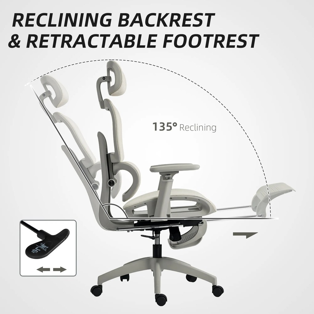 HOMCOM Fotel biurowy ergonomiczny z siatkowym obiciem, regulowany, na kółkach, z podłokietnikami i zagłówkiem, beżowy