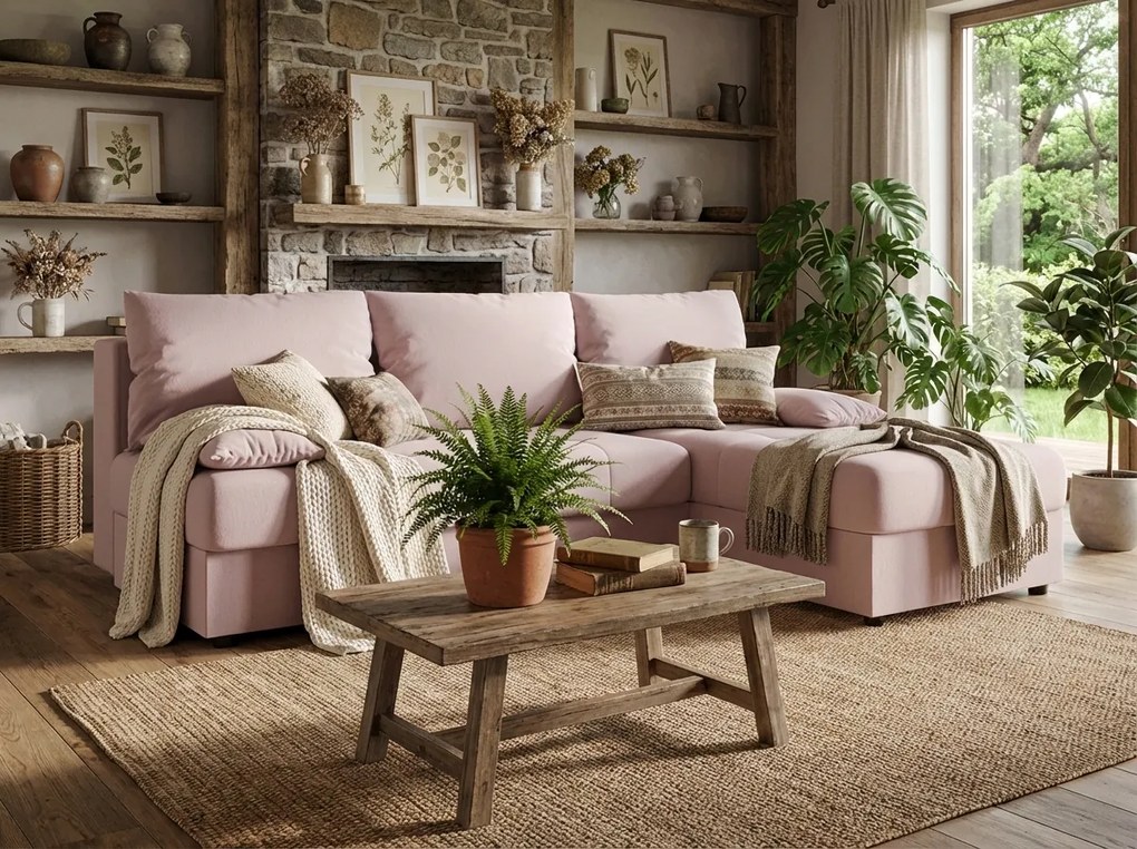 Rozkładana narożna sofa VENORIA SLIM 200x143 cm, pudroworóżowa, uniwersalna + 2 poduszki GRATIS