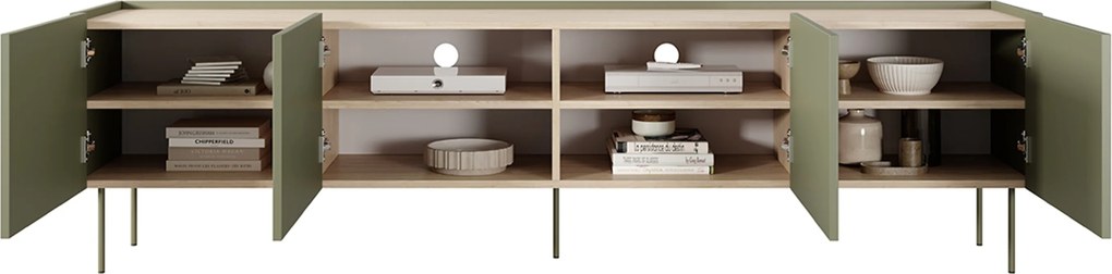 Szafka RTV Desin 220 cm z metalowymi nogami - oliwka / dąb nagano