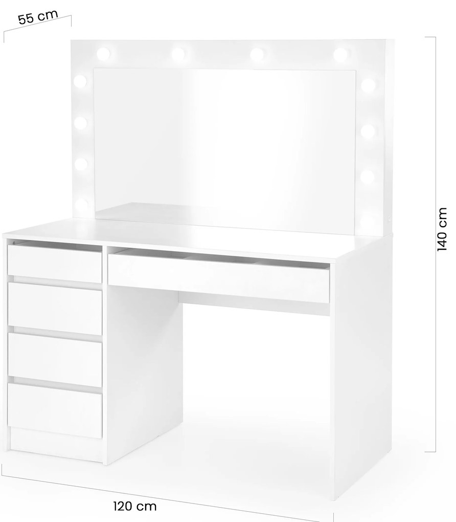Toaletka Velinio XL 120 cm z szufladami i oświetleniem - biały