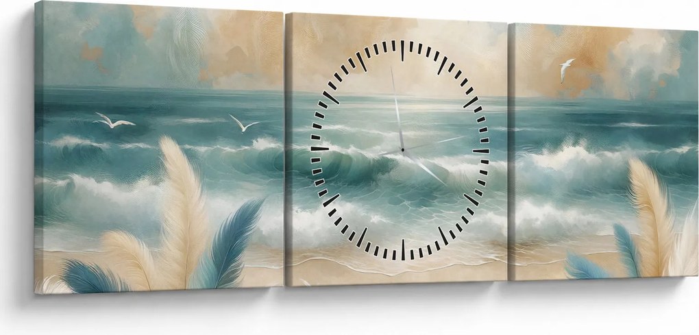 Obraz – Malowana plaża w delikatnych kolorach (z zegarem) (90x30 cm)