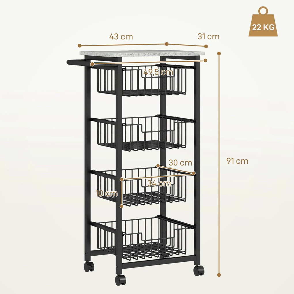 HOMCOM 4-poziomowy wózek kuchenny na kółkach, mobilny wózek do serwowania, wózek kuchenny z 4 stalowymi koszami, wózek do serwowania