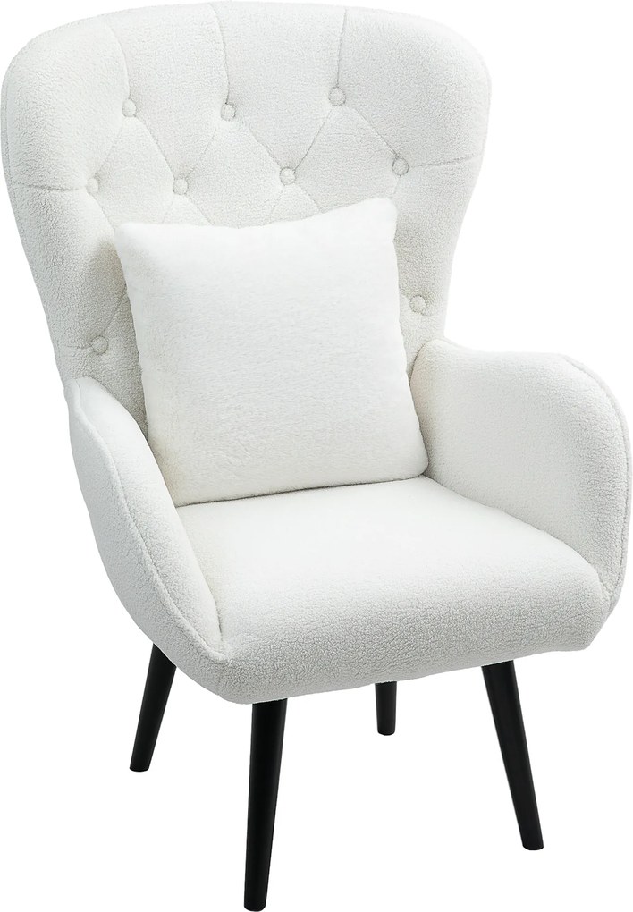 HOMCOM Fotel tapicerowany pikowany w romby, pokrycie z materiału imitującego futro misia, z poduszką dekoracyjną, 88 x 75 x 106 cm, Biały
