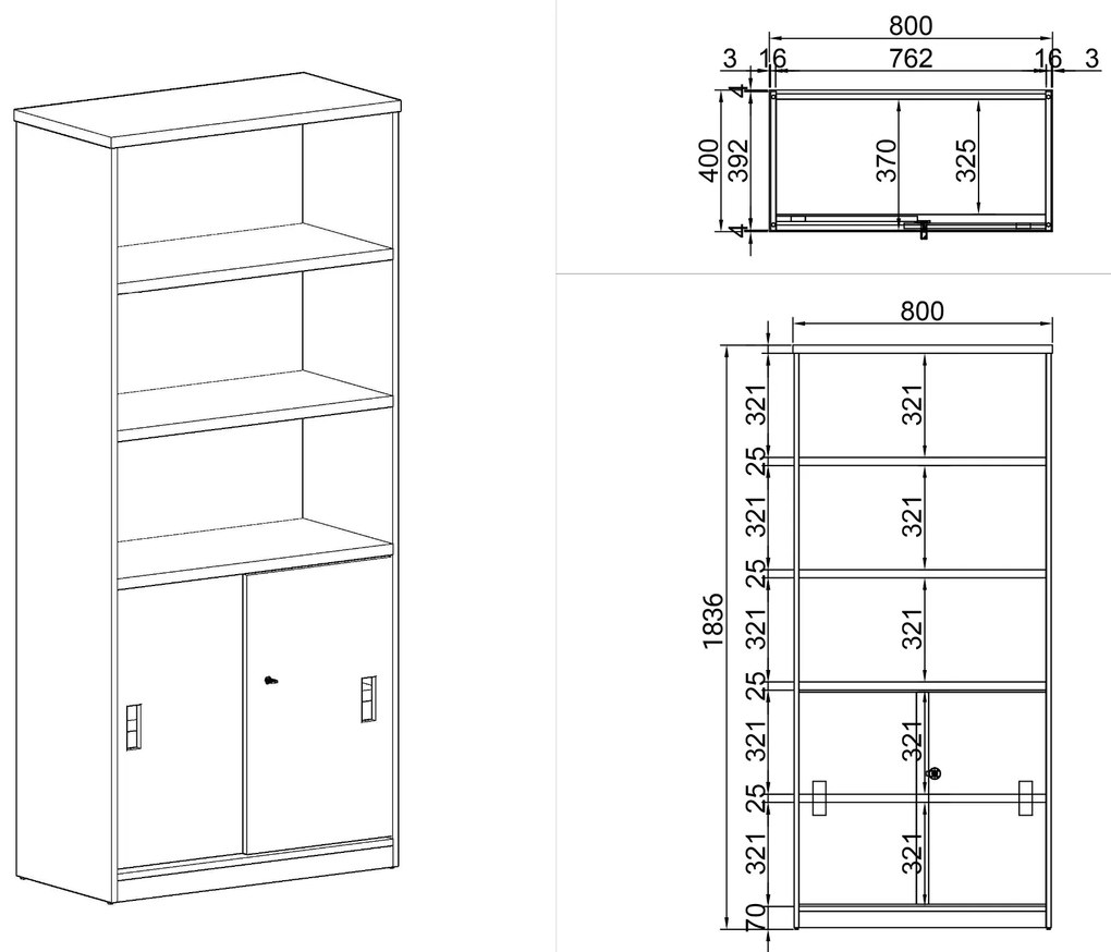 Kombinowana szafa biurowa ARRISTO LUX, drzwi przesuwne, 800 x 400 x 1836 mm, brzoza