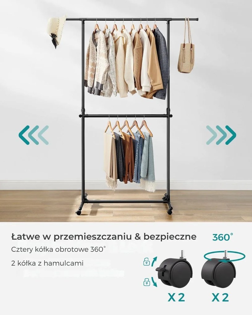 Stojak na ubrania dwupoziomowy JASON, 101-165x49x113-180cm, czarny SongmicsHome