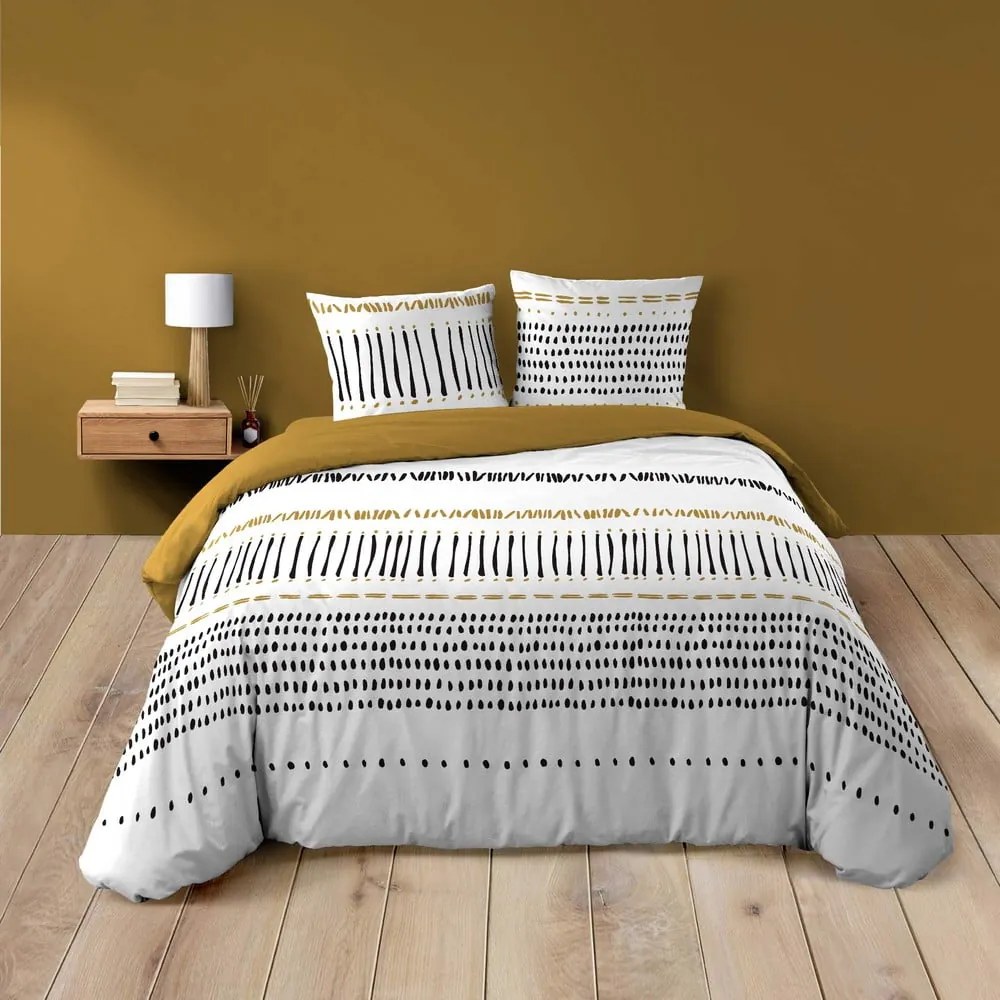 Musztardowo-biała bawełniana pościel dwuosobowa 240x220 cm Chicago – douceur d'intérieur