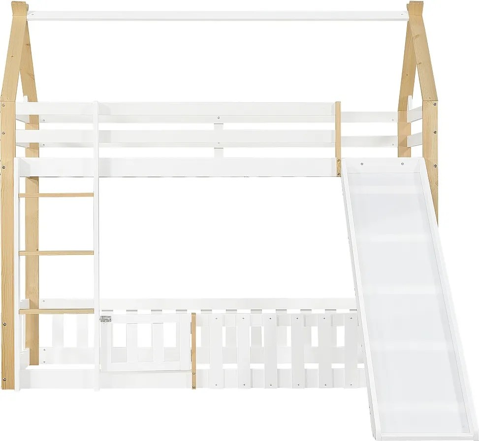 Łóżko piętrowe dla dzieci 90x200 cm ze zjeżdżalnią i barierkami ochronnymi, białe i naturalne – bez materaca