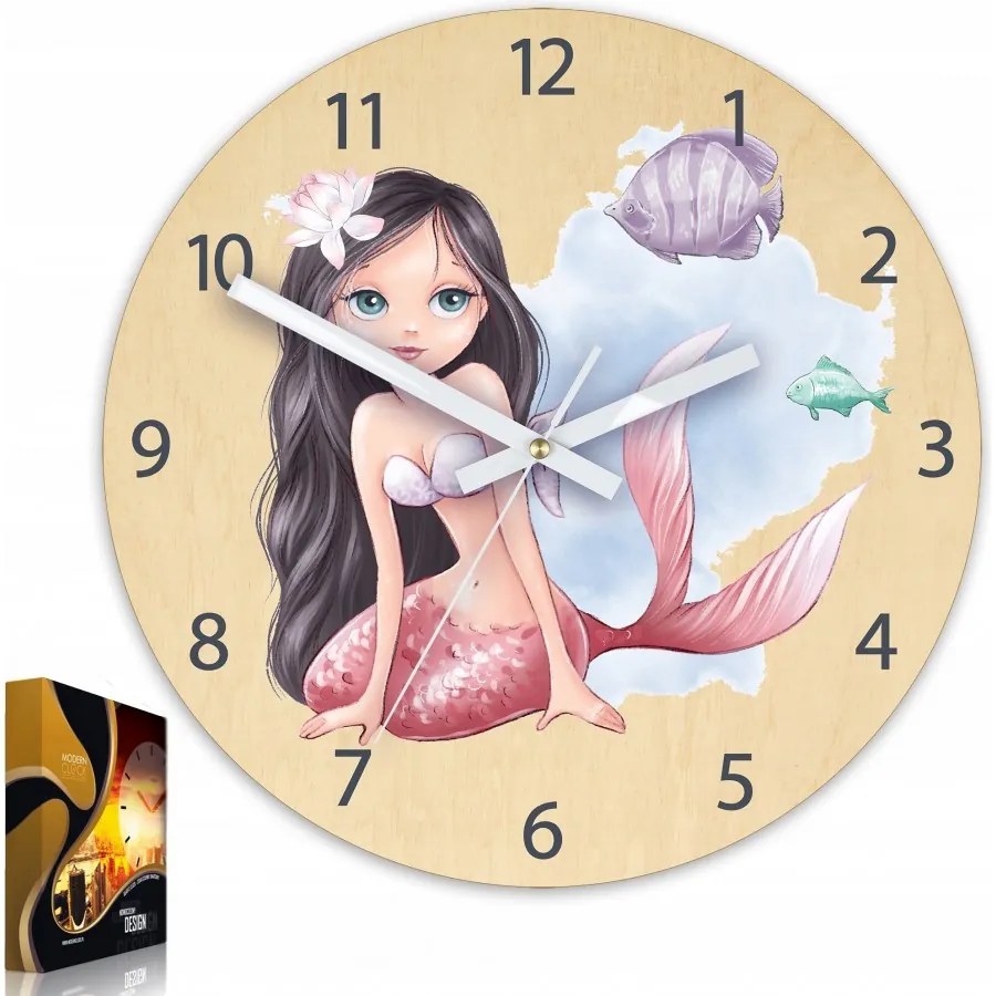 Zegar na ścianę cichy do pokoju dziecięcego drewniany nowoczesny syrenka