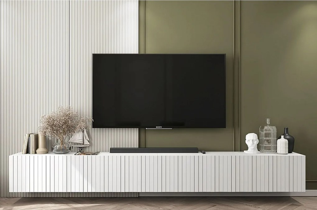 Szafka RTV z 8 drzwiami – Korpus biały mat, frezowane fronty biały mat – 300 cm