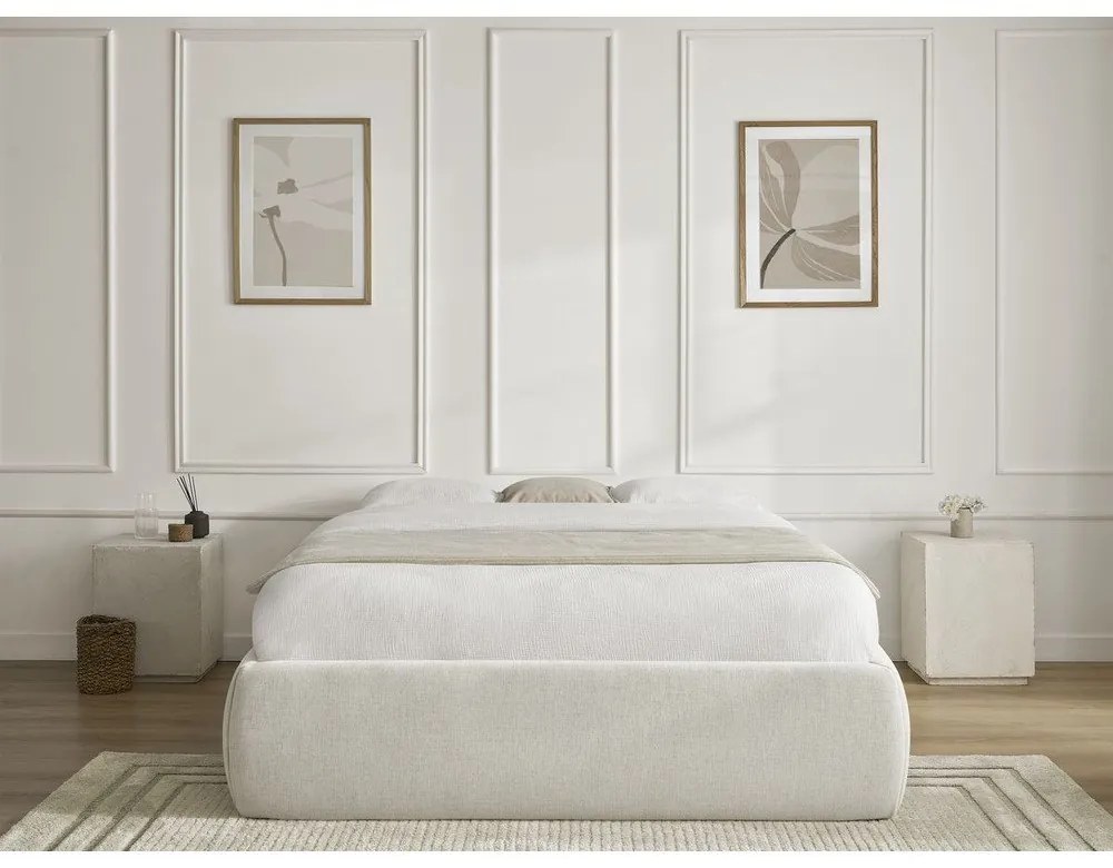 Beżowe tapicerowane łóżko dwuosobowe bez zagłówka ze schowkiem i stelażem 180x200 cm Inera – Bobochic Paris