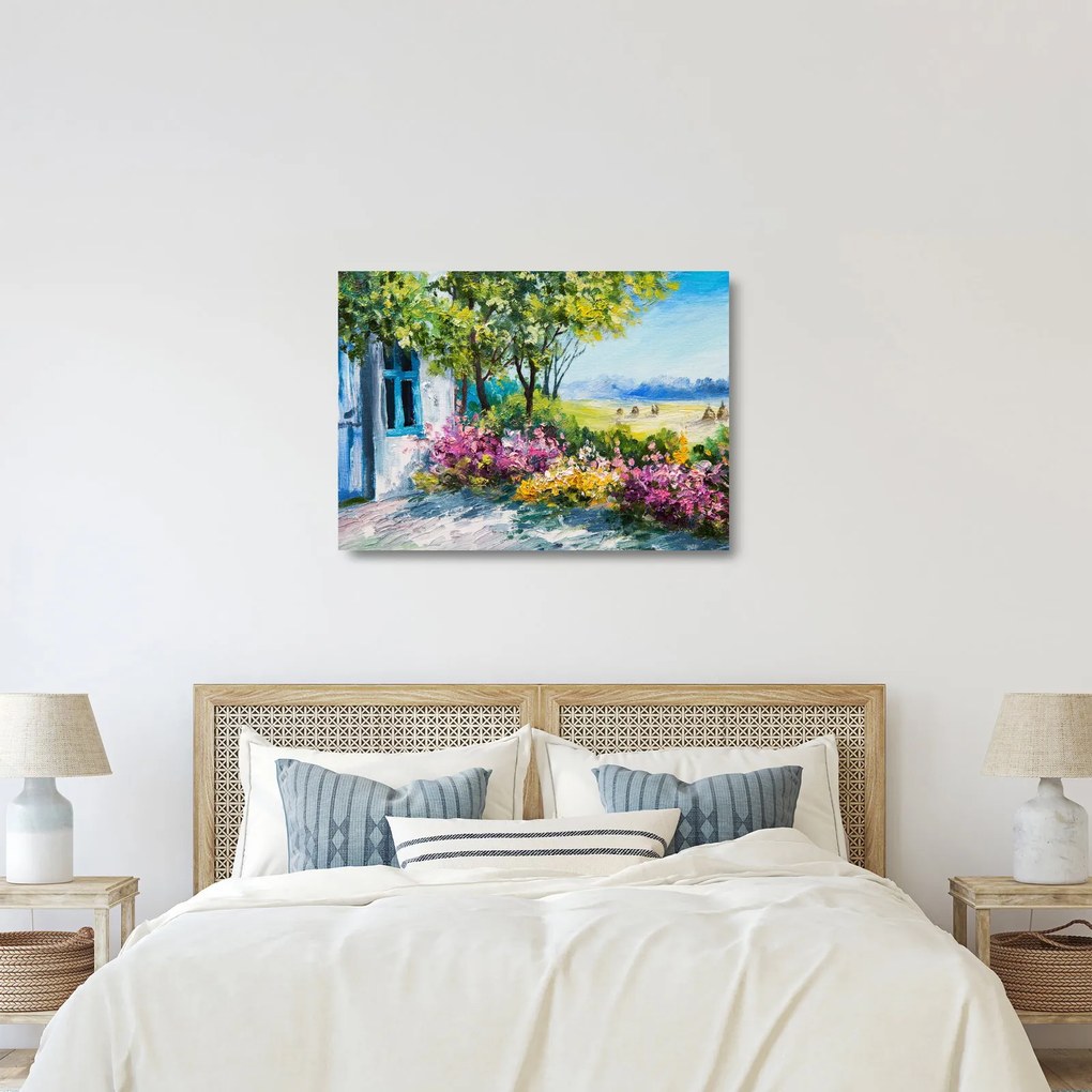 Obraz na szkle ogrodu przed domem, obraz olejny (70x50 cm)