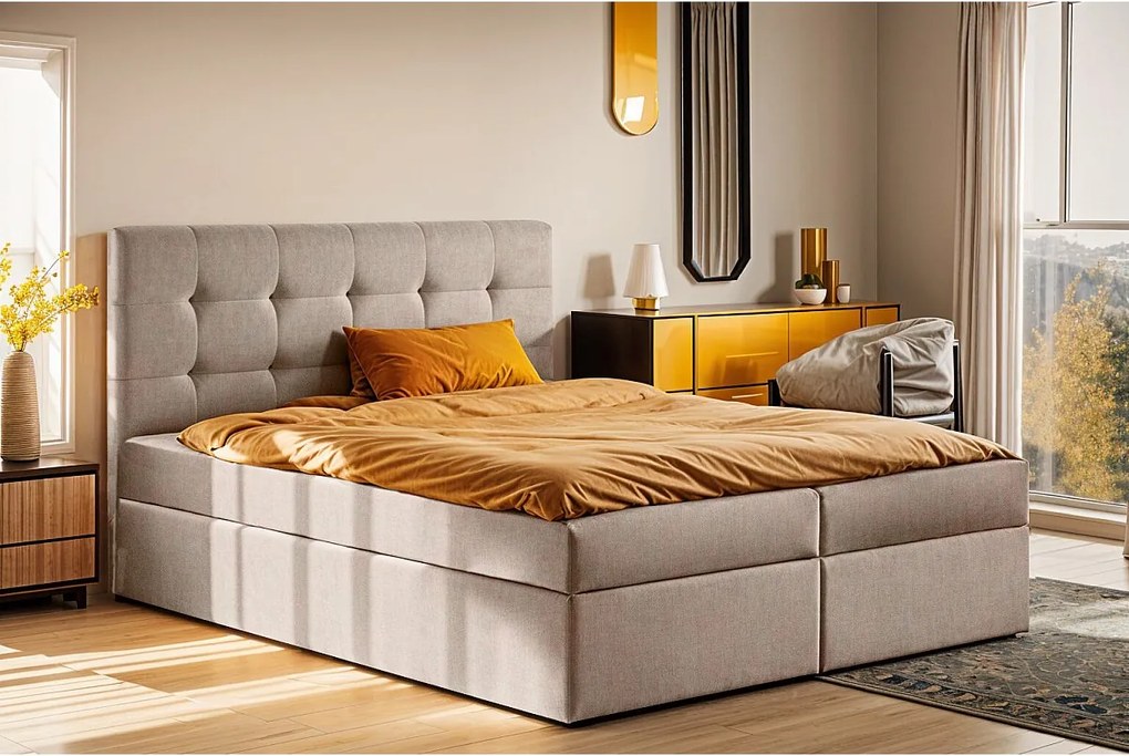 Łóżko kontynentalne z materacem i pojemnikiem LUDANO, tkanina Noel, Zimny beż, 120x200 cm, H2-Pocket