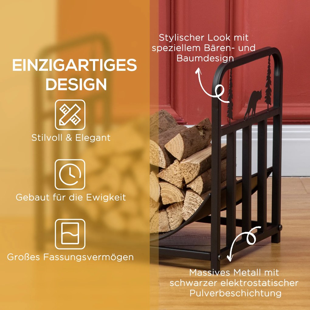 Outsunny Regał na Drewno, Sceneria z Drzewem i Niedźwiedziem, Metalowa Konstrukcja, Podniesiona Płaszczyzna, 42x33,5x43 cm, Czarny