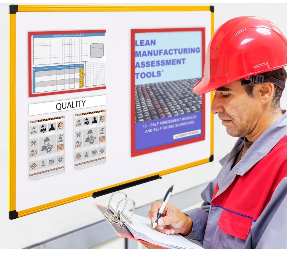 Biała tablica do pisania kredowa na ścianę, magnetyczna, żółta ramka, 1200 x 900 mm