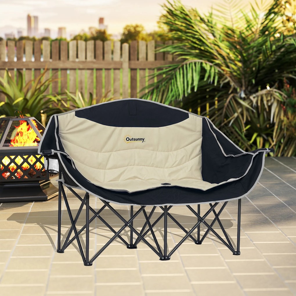 Outsunny Składane krzesło dla 2 osób z uchwytami na napoje i torbą, do 250kg, Khaki