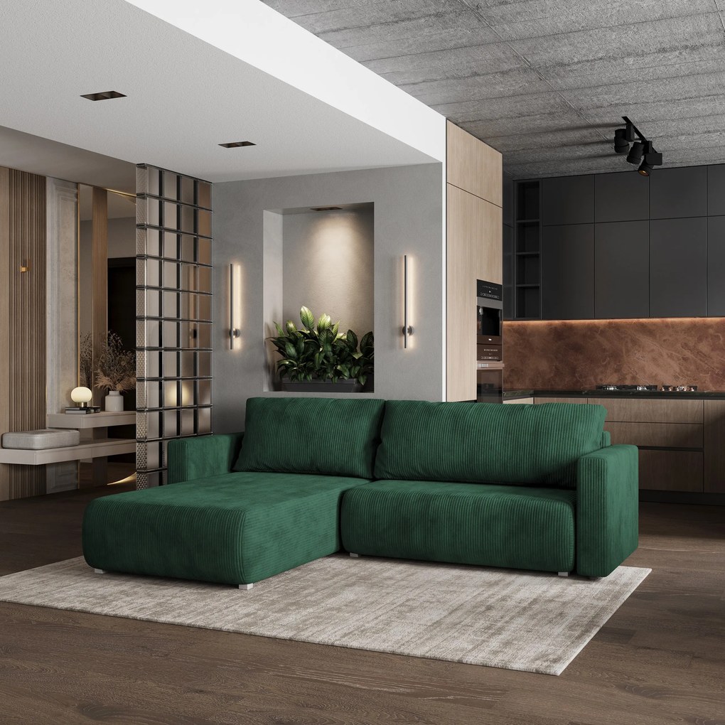 Masseno Narożnik TURIN z funkcją spania i pojemnikiem na pościel Narozniki L, Rozkładana sofa - Zielony, POSO 14