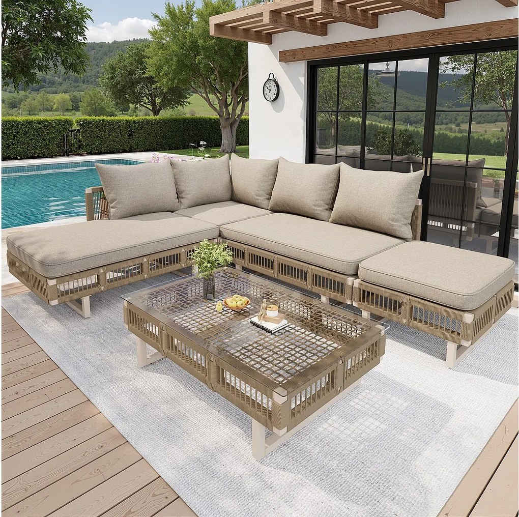 Zestaw mebli ogrodowych - z poduszkami + szklany stolik kawowy + leżak + sofa - metalowy - beżowy