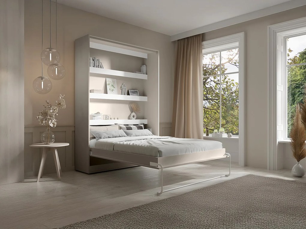 Łóżko chowane w szafie  160 x 200 cm - Otwierane pionowo ręcznie - Z oświetleniem LED - Beżowe + Materac - RAPILI