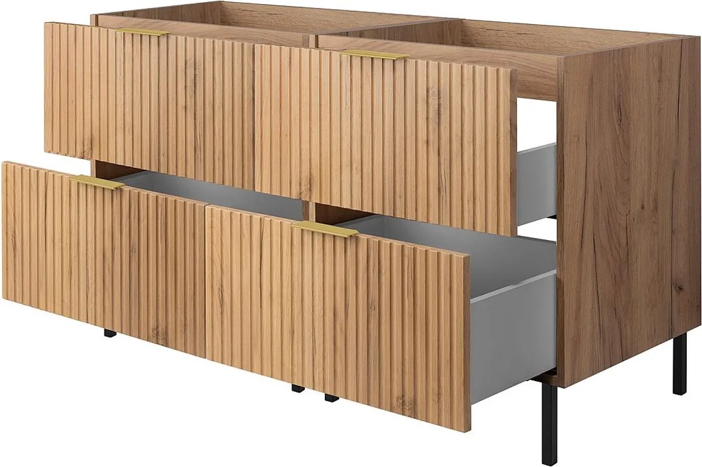 Szafka pod umywalkę, Dąb Craft, 120 (2 x 60) x 77 x 46 cm, uchwyt złoty, nogi czarne, bez blatu