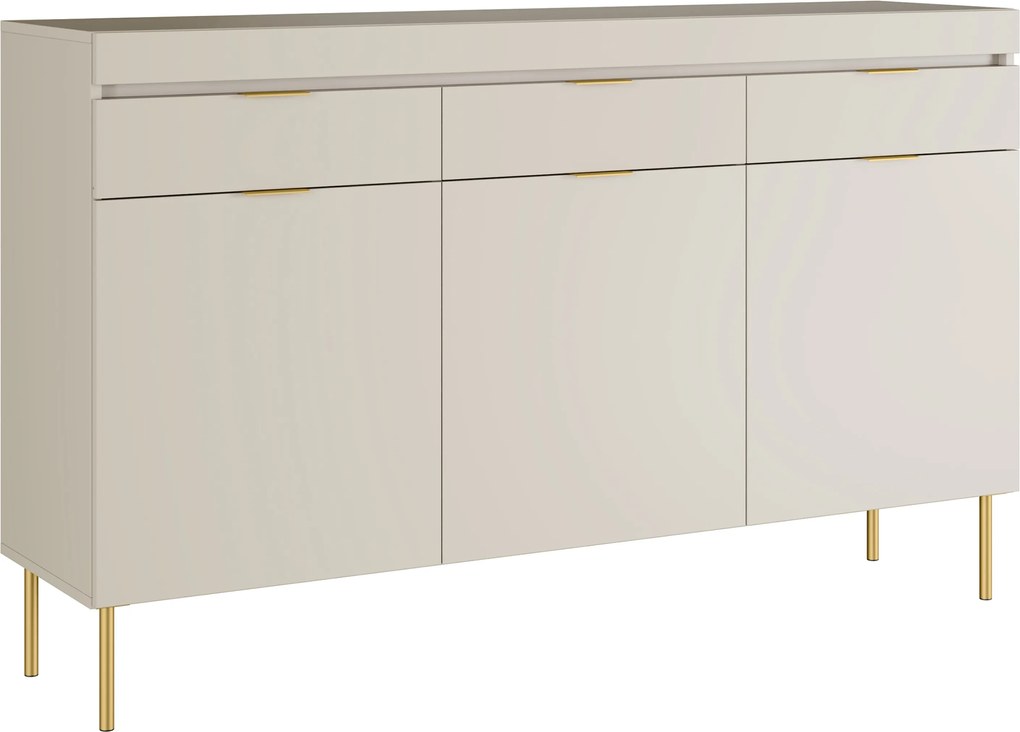 Komoda trzydrzwiowa Sentia 157 cm z trzema szufladami - kaszmir / złoty