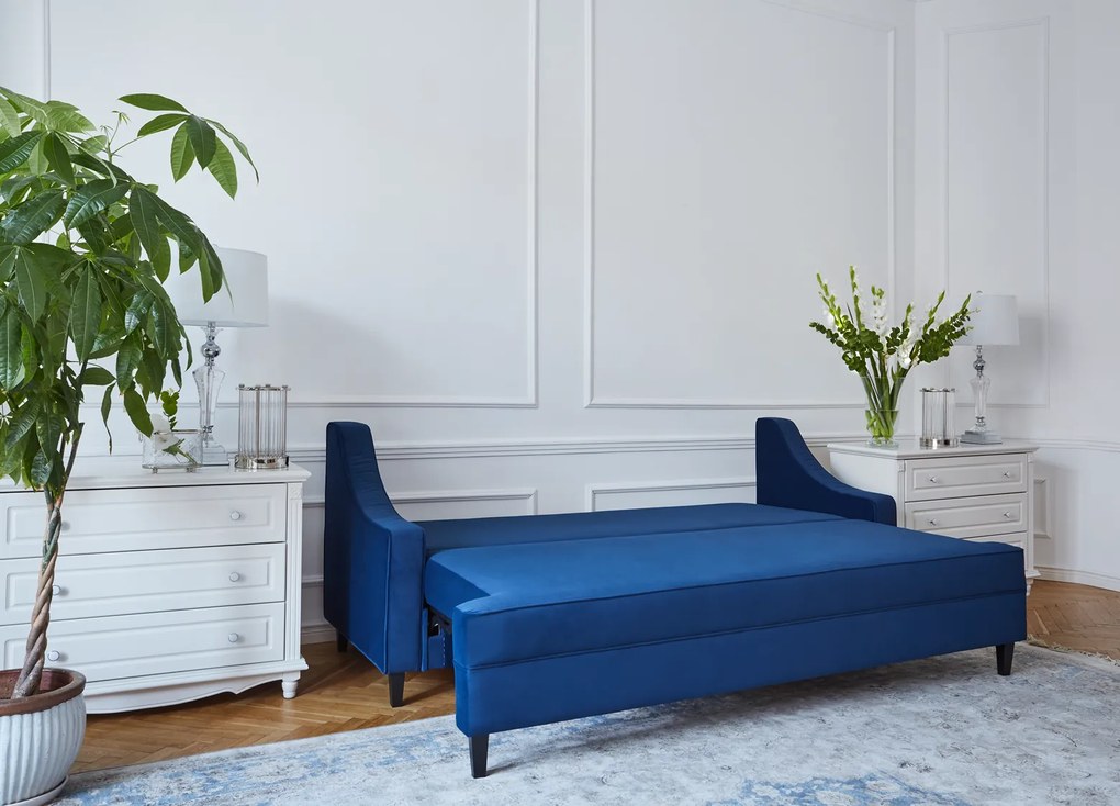 Notting Hill sofa 3-osobowa z funkcją spania i z pojemnikiem na pościel, krawędzie obszyte kedrą. Sofa w stylu modern classic. Sofa do salonu w stylu nowojorskim. Tkanina Matt Velvet, wiele kolorów do wyboru.