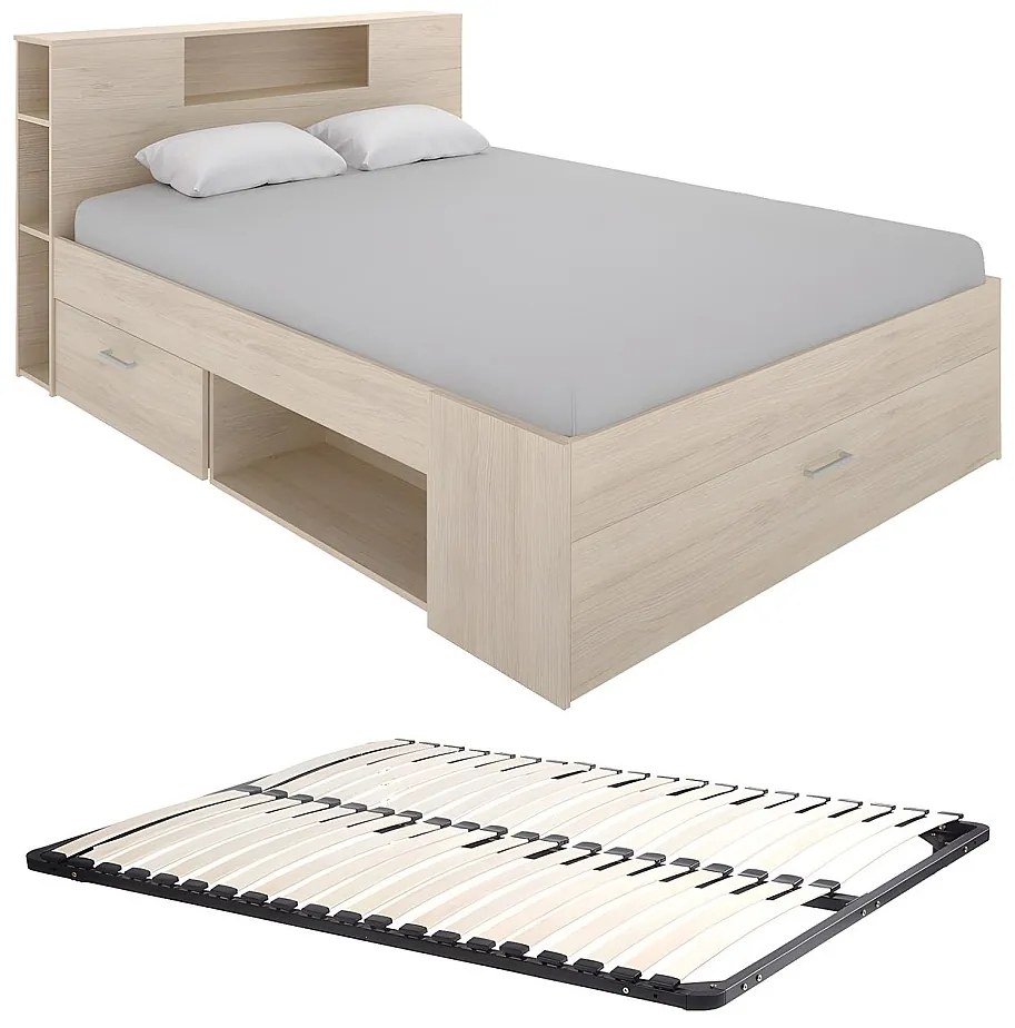 Łóżko ze skrzynią i szufladami - 140 x 190 cm - Kolor: Naturalny + Stelaż - LEANDRE