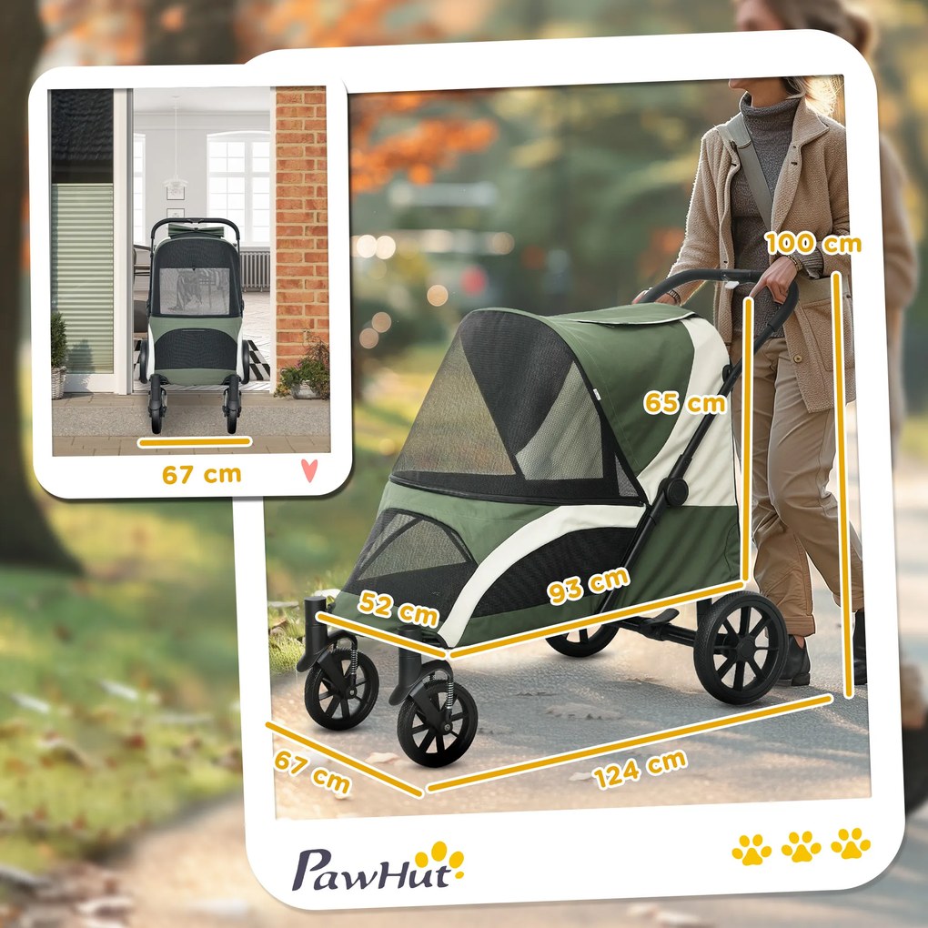 PawHut Składany Wózek dla Psów, Buggy dla Dużych Psów z 4 Kołami, Pasami Bezpieczeństwa, Hamulcami, Ciemnozielony