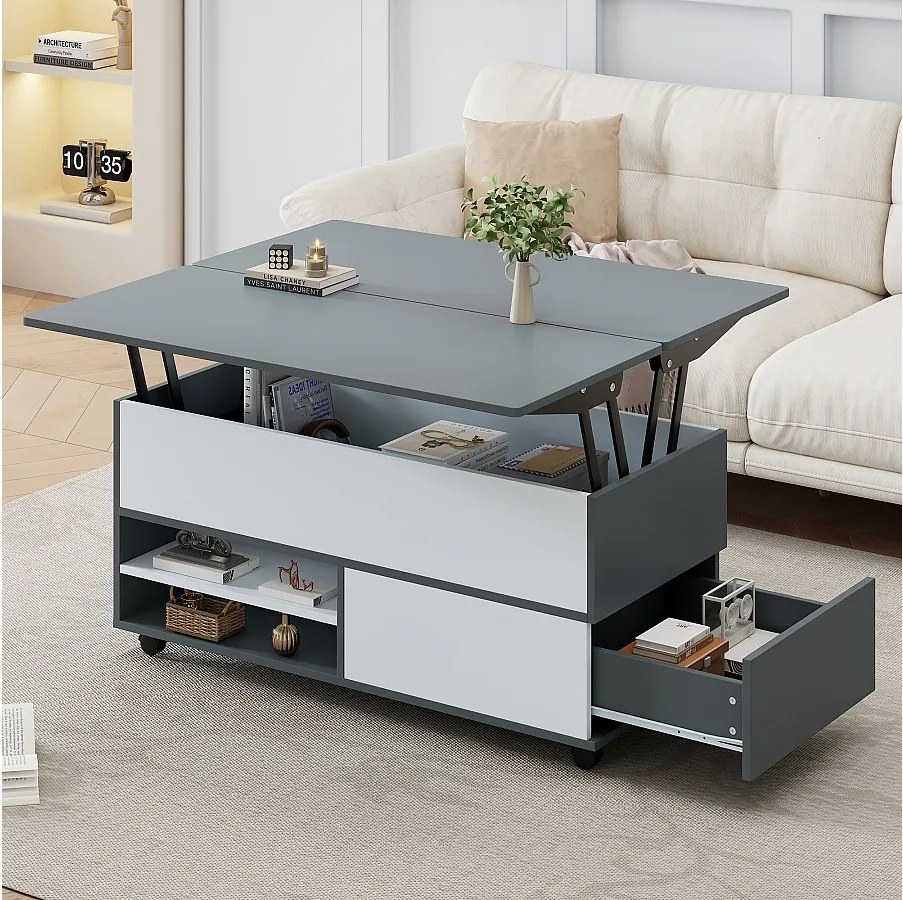 Stolik kawowy podnoszony - 100 x 98 x 65 cm - ze schowkiem + ukryta półka + 1 szuflada - płyta wiórowa - szary