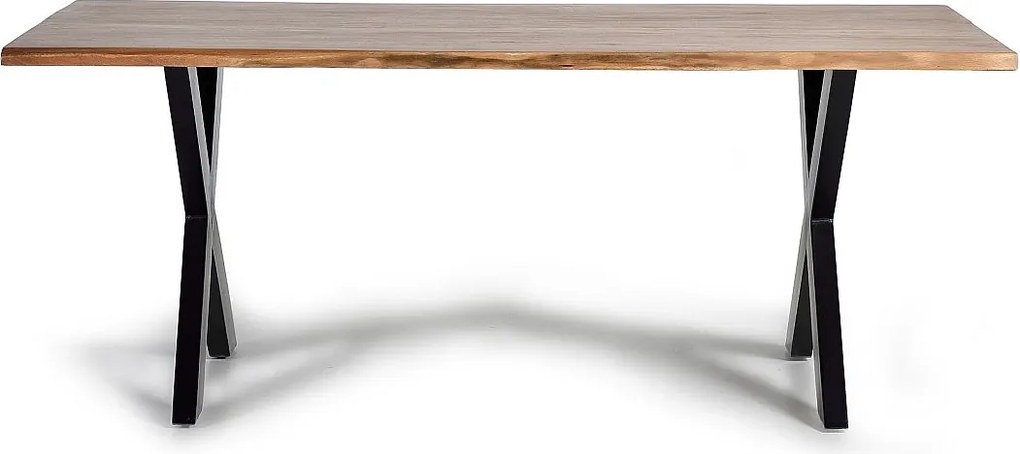 Stół żłobkowy z naturalnego drewna akacjowego i czarnymi metalowymi nogami