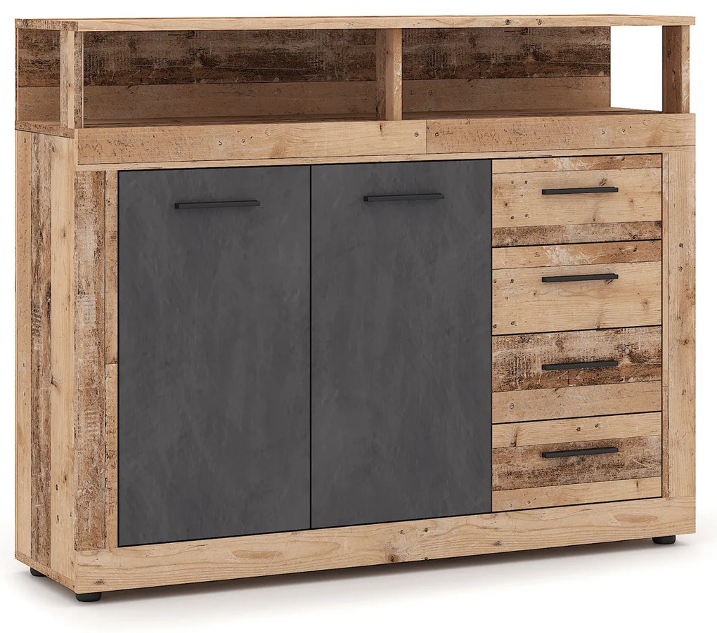 Komoda Dwudrzwiowa z Szufladami BLAGO MIDI A 119,6 cm Surowy Dąb/Czarny Loft
