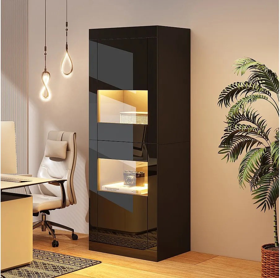 Witryna lakierowana z diodami LED + 1 półka szklana + drzwi - 61 x 42 x 162 cm - płyta wiórowa - kolor czarny