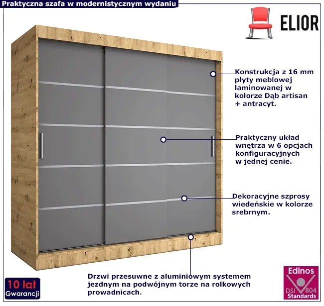 Szafa przesuwna dąb artisan + antracyt 200 cm - Livia 6X