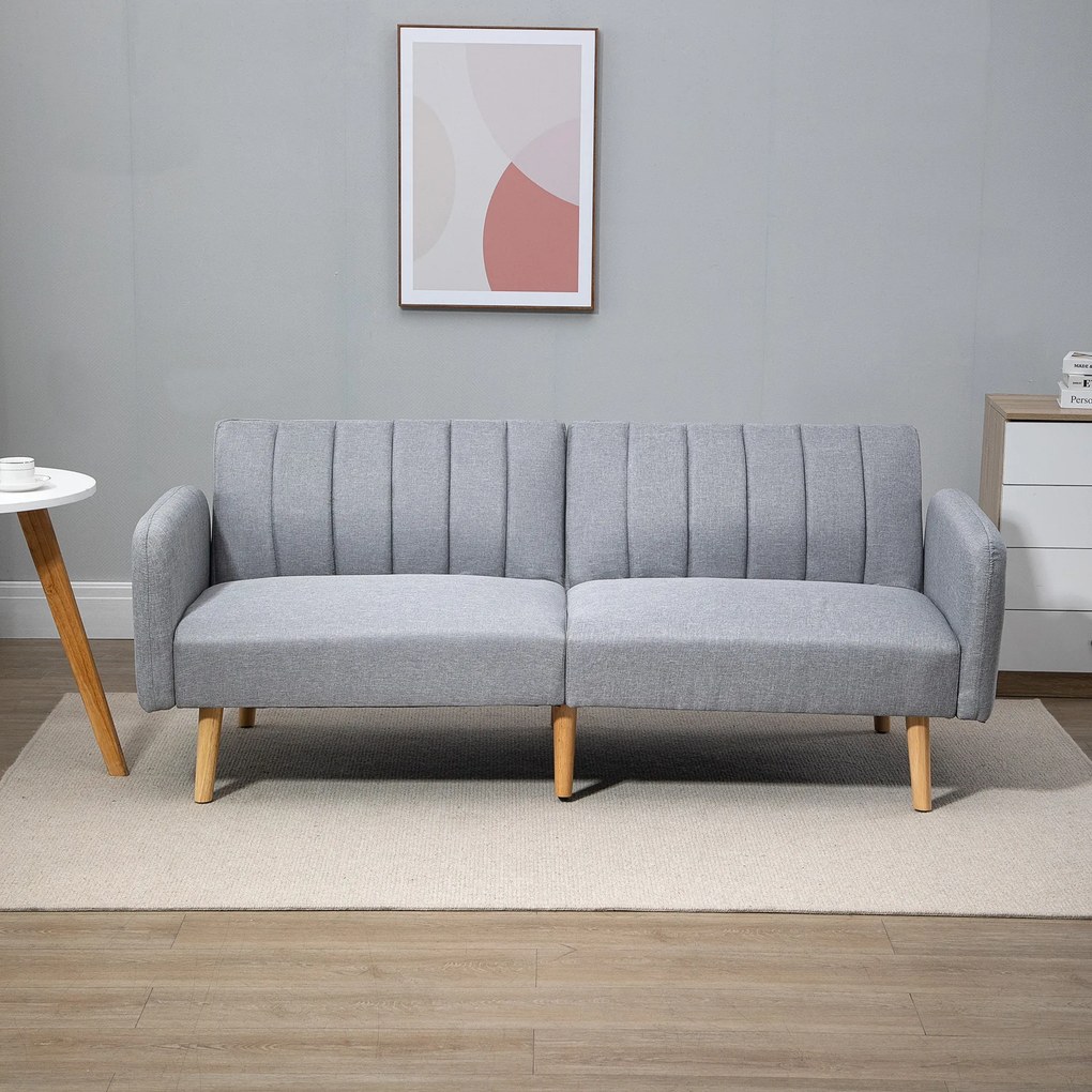 HOMCOM Sofa do spania, dwuosobowa sofa materiałowa, z funkcją spania, polyester stylizowany na len, drewno kauczukowe, 173 x 75 x 73 cm, szara