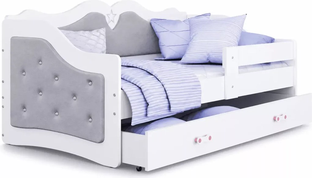 Łóżko tapicerowane Corsi z szufladą 160x80 / 180x80 – białe, szare, pudrowy róż