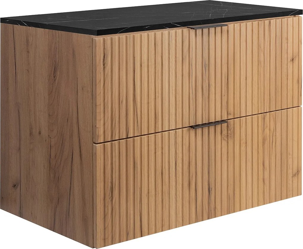 Wandhängender Badezimmerschrank, Eiche Craft / schwarze Marmorplatte (MDF), 80 x 57 x 46 cm