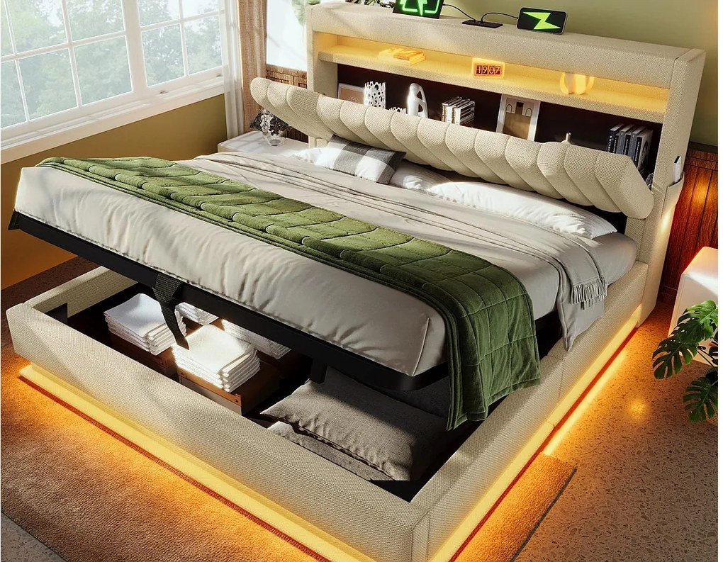 Tapicerowane łóżko z pojemnikiem 140x200 cm - z LED - z portami USB i Type-C - Tkanina lniana - Wezgłowie z przestrzenią do przechowywania - Beżowy