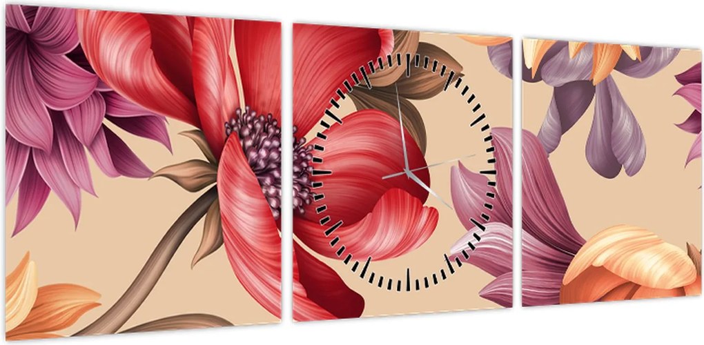 Obraz - Vintage Flowers (z zegarem) (90x30 cm)