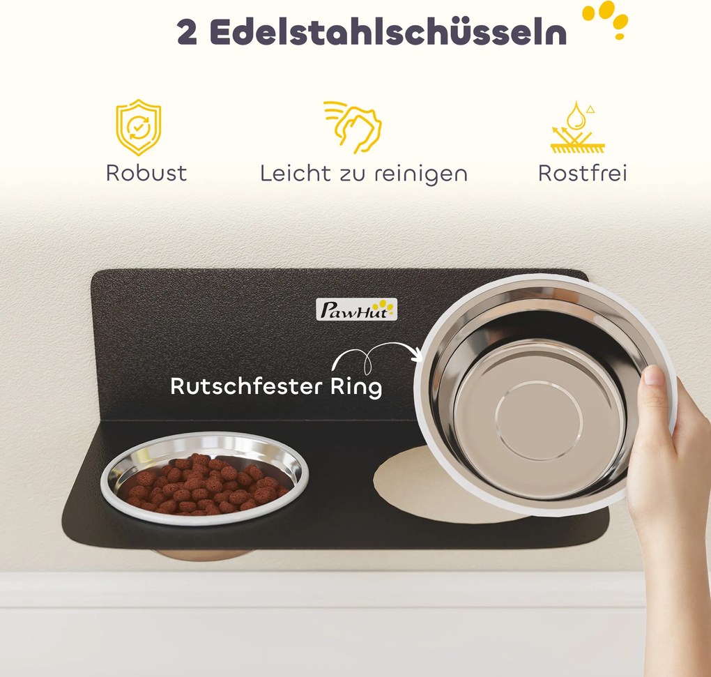 PawHut Miska dla psa regulowana wysokość ścienna z 2 x 800 ml miskami 42 x 23,5 x 14 cm Czarny | Aosom PL