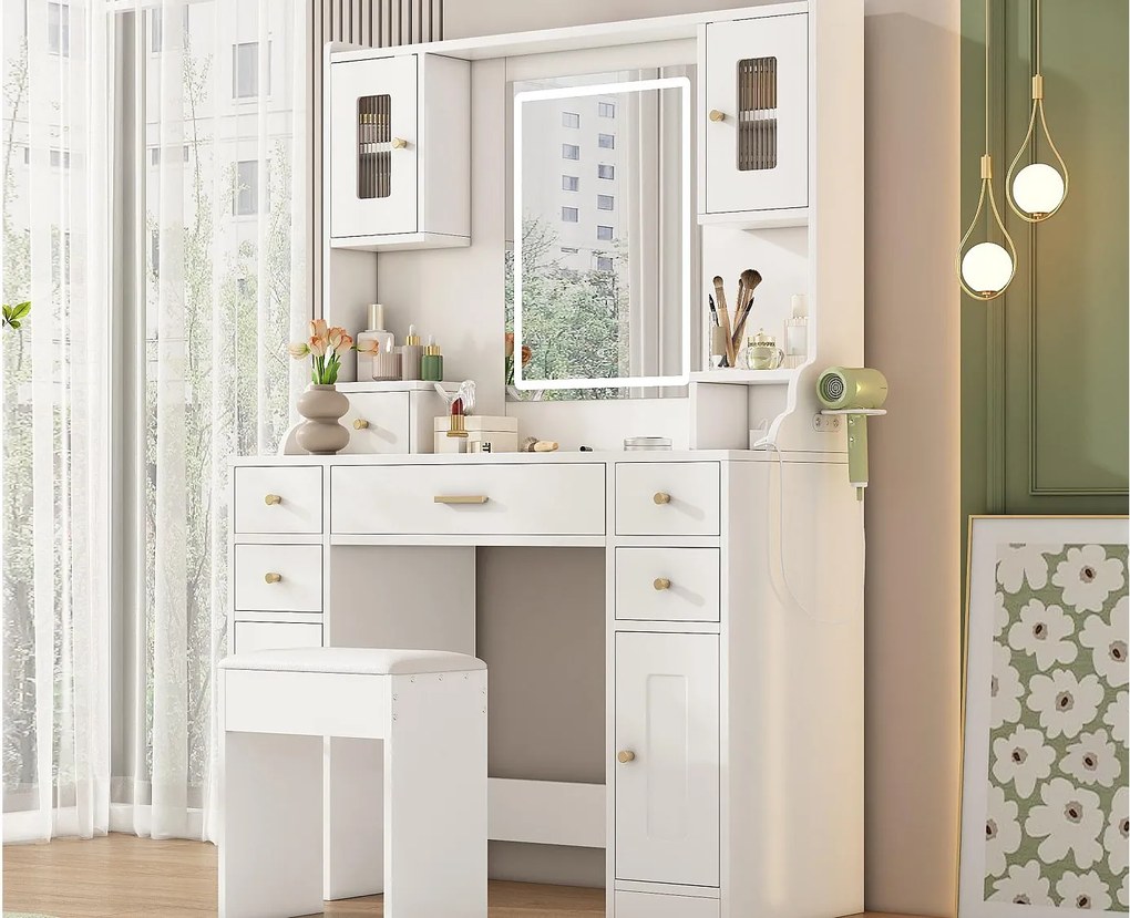 Toaletka z lustrem 152×40×105 cm - z taboretem - z regulowanym oświetleniem LED i gniazdkiem - z 6 szufladami i 4 drzwiami - biała