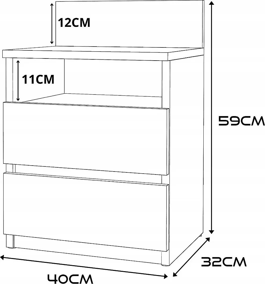 Duża Szafka Nocna Biała 40 CM 2 Szuflady 1 Półka Stolik Nakastlik 40x32x59 CM