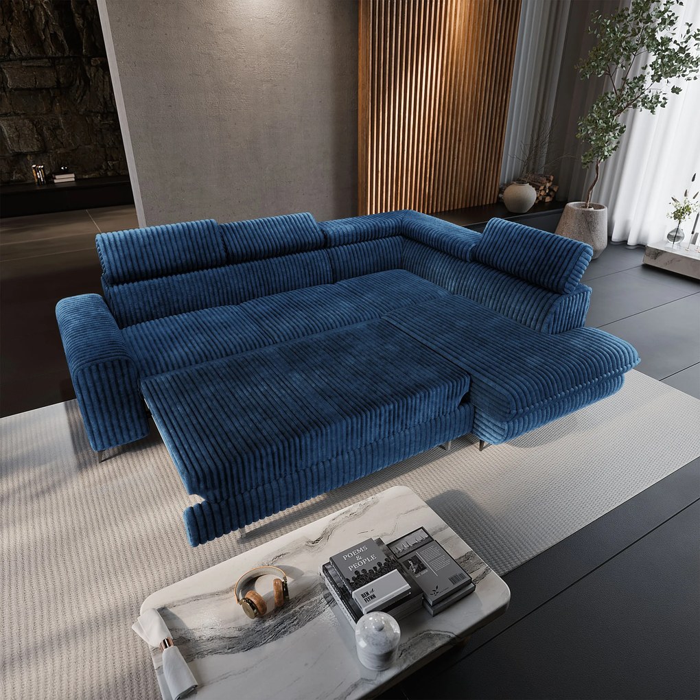 Masseno Narożnik VELISS z funkcją spania i pojemnikiem na pościel Rozkładana sofa do Salonu - Niebieski, TILIA 77
