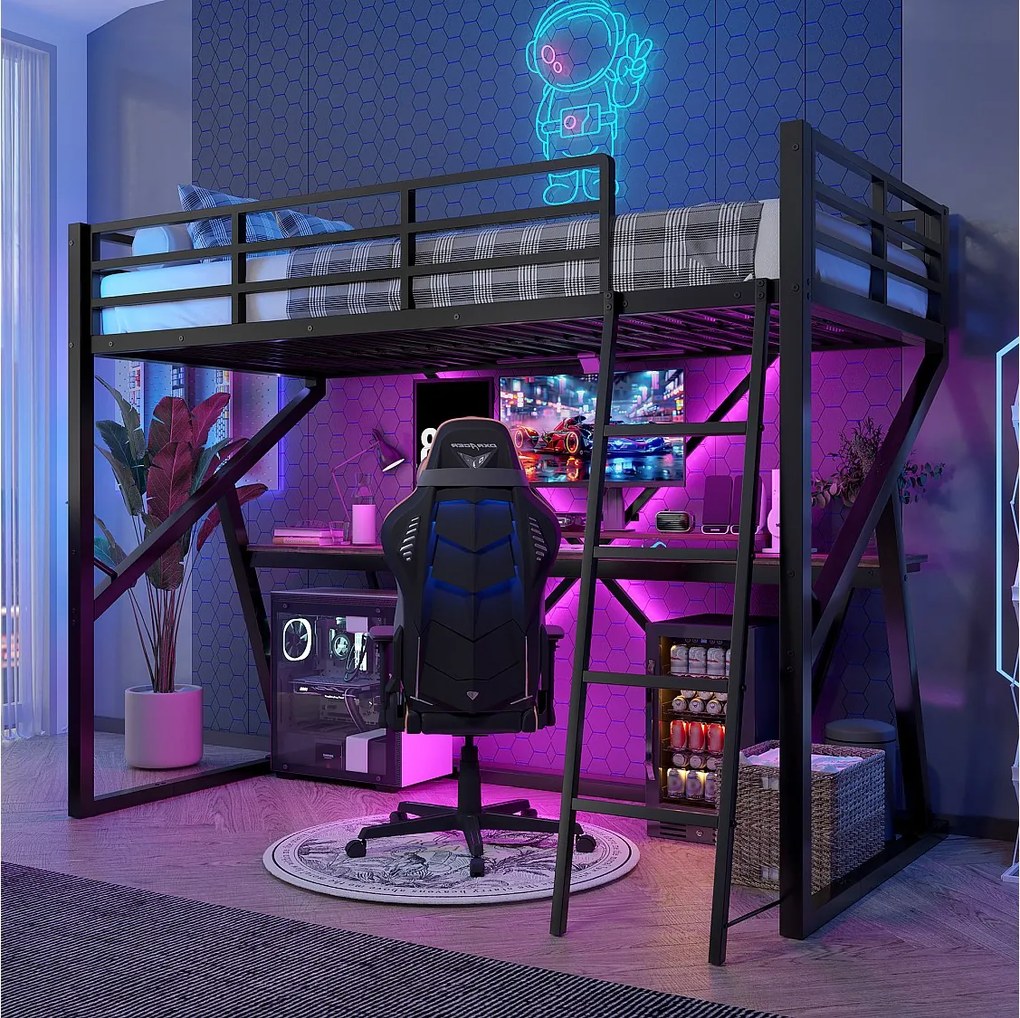 Łóżko piętrowe dla dzieci - 90 x 200 cm - rama żeliwna - z diodami LED + schody + biurko - Metal + MDF - czarne