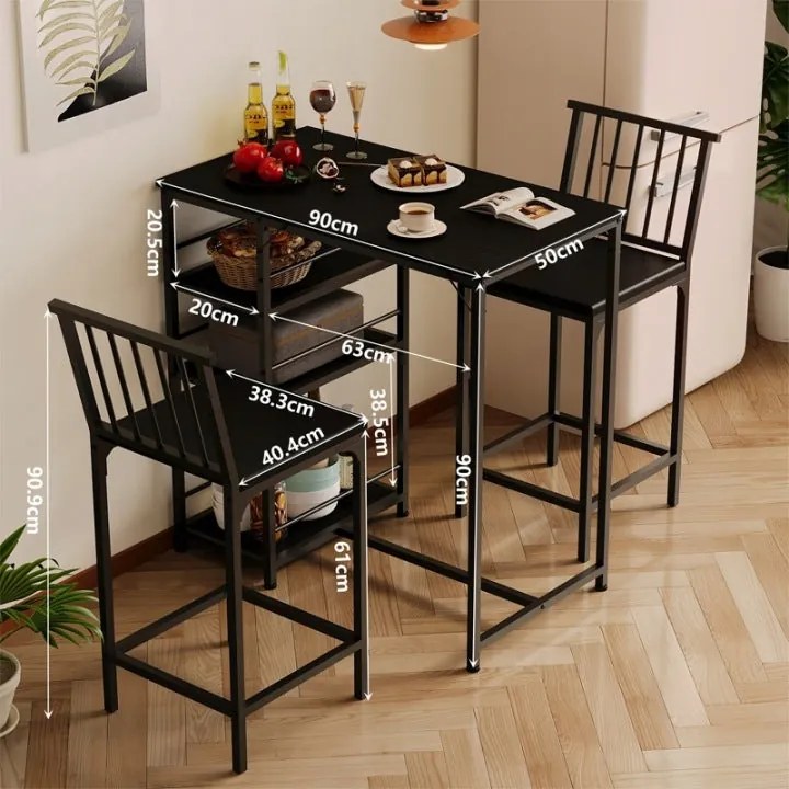 Zestaw Barowy Loft Czarny – Stół + 2 Krzesła do Kuchni i Jadalni