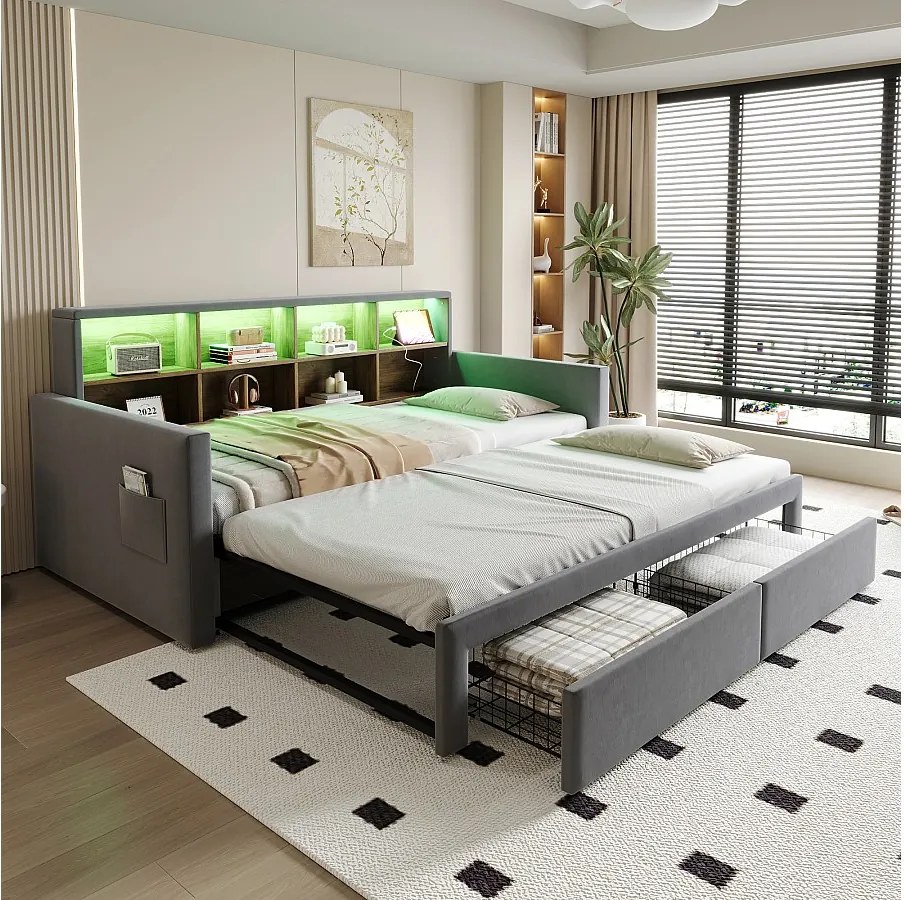 Rozkładana sofa dziecięca - 90/180 x 190 cm - zagłówek z pojemnikiem + diody LED + gniazdka - z 2 szufladami - aksamitna - szara