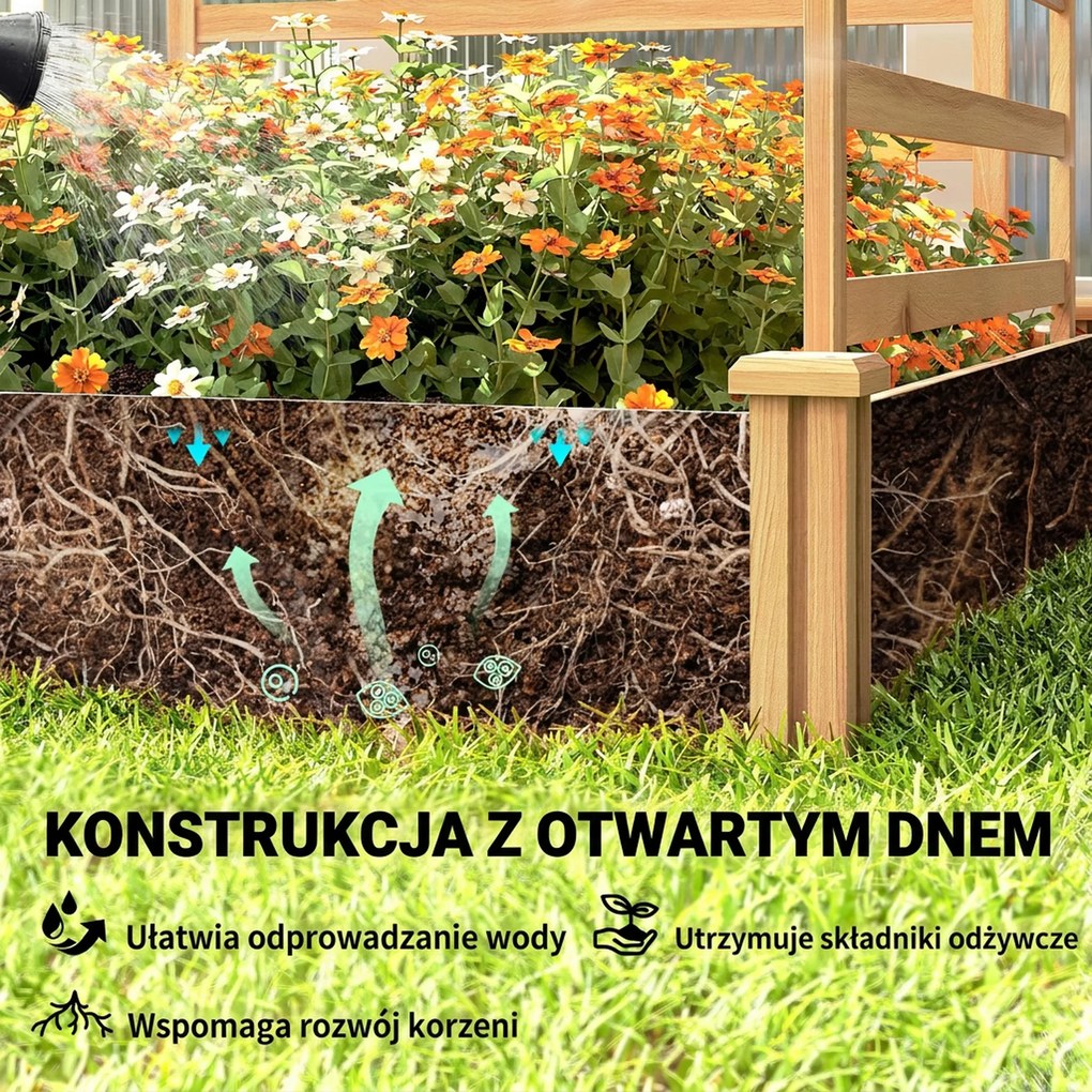 Outsunny Podwyższone grządki z kratką drewniana skrzynia na rośliny z 3 kratkami przegrodą i otwartym dnem 240 x 125 x 102 cm drewno naturalne | Aosom PL