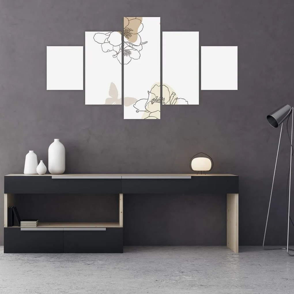 Obraz - Beżowe kwiaty z motylem N⁰2 (125x70 cm)